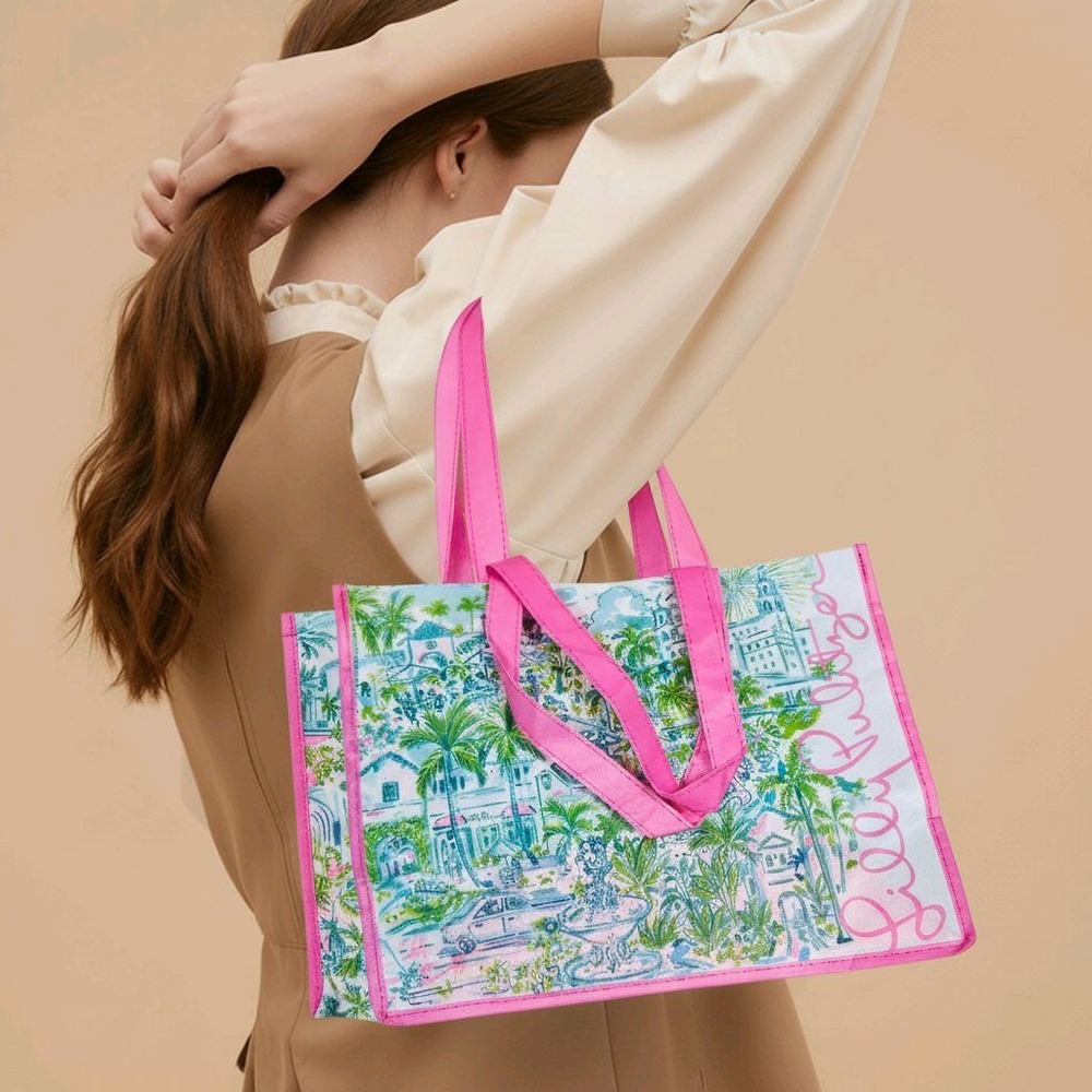 Lilly Pulitzer Reusable Shopping Tote‎ Bag Pink Tropical Cityscape Print Large